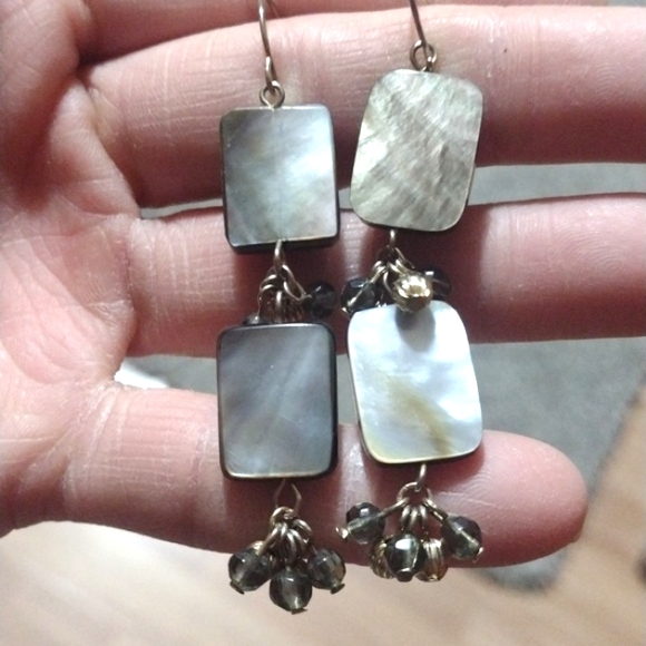 VINTAGE ABALONE SHELL AND TINY BEADED DROP DANGLE HOOK 3" EARRINGS - Picture 2 of 9